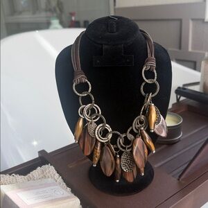 Tiger eye wood and hammered metal necklace